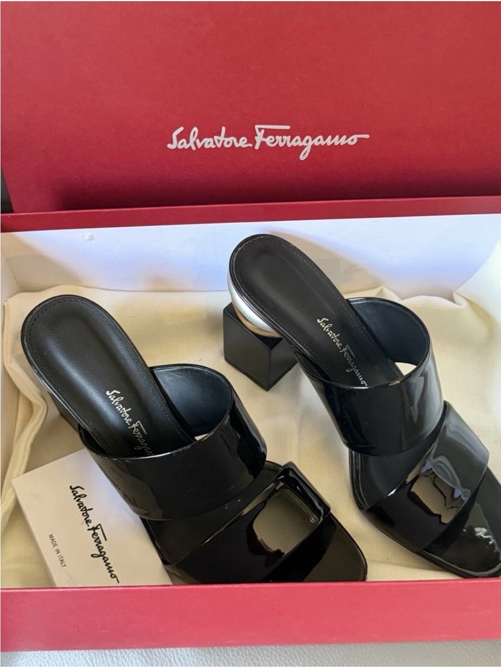 Salvatore Ferragamo Black Patent Leather Mule Heels Open Toe Block size 6.5